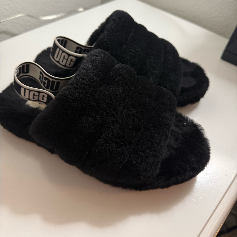 UGG Black Fluff Slide Sandals with Branded Heel Strap - Picture 2 of 6
